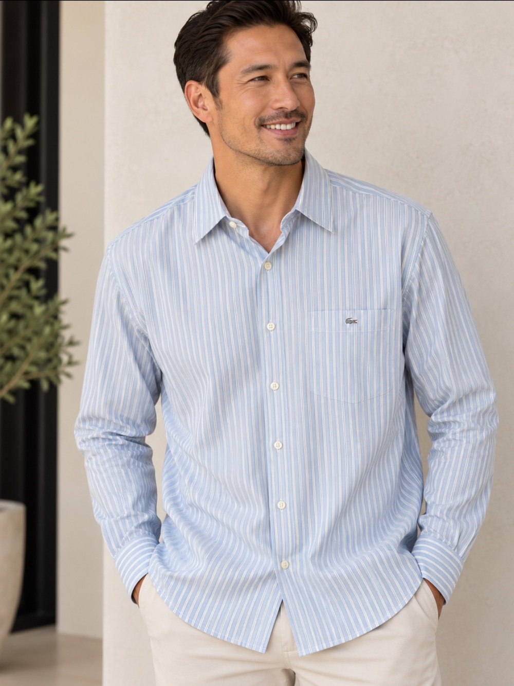 Lacoste Men's Light Blue and White Striped Dress Shirt